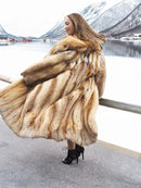 Long tan fur coat with open front; side view showing wide, flowing sleeves.