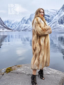Vintage fox fur coat, size M, side view with thick fur trim and long sleeves