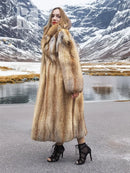 Long tan fur coat, open front; full-length view showing straight hem and sleeves.