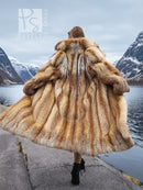 Vintage fox fur coat, size M, full back view with large fur collar and hood