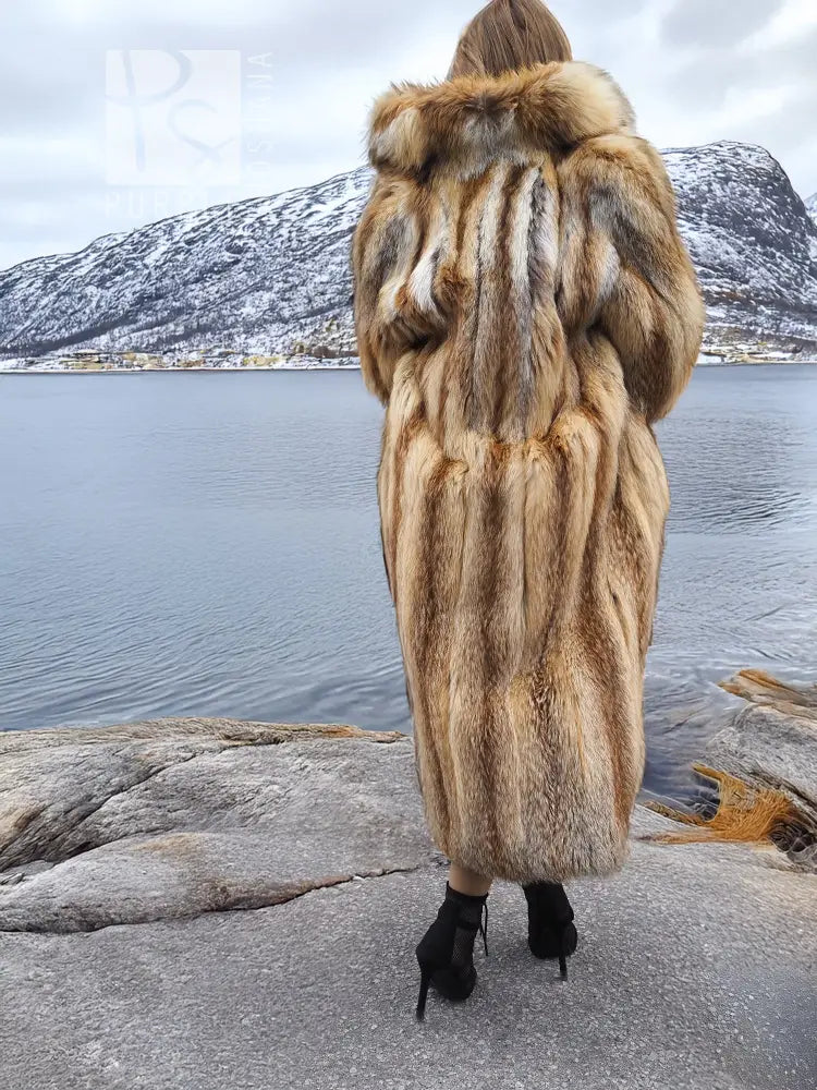 Vintage fox fur coat, size M, front view with tall hood and textured fur panels