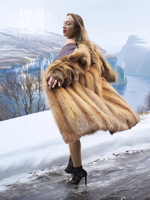 Fox fur coat side view with wide cuffs and open black inner panel
