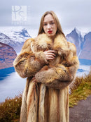 Fox fur coat with thick fur collar and long buttonless front; golden-brown tone