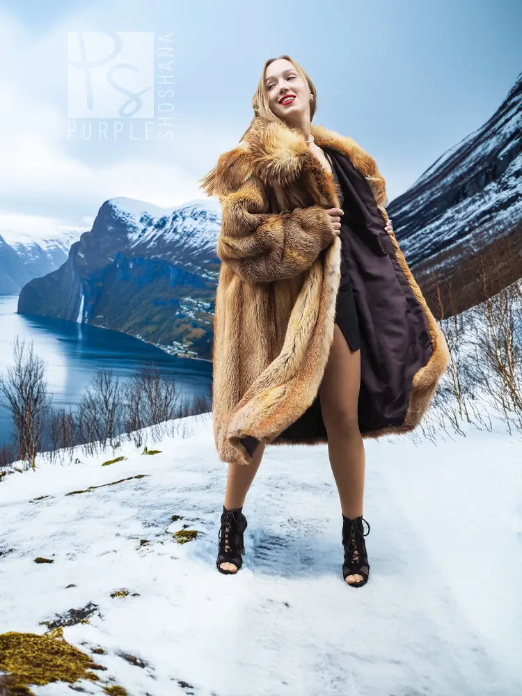Fox fur coat with open front and draped sleeves; black dress lining