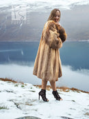 Tan fur coat with open front and large collar, three-quarter view.
