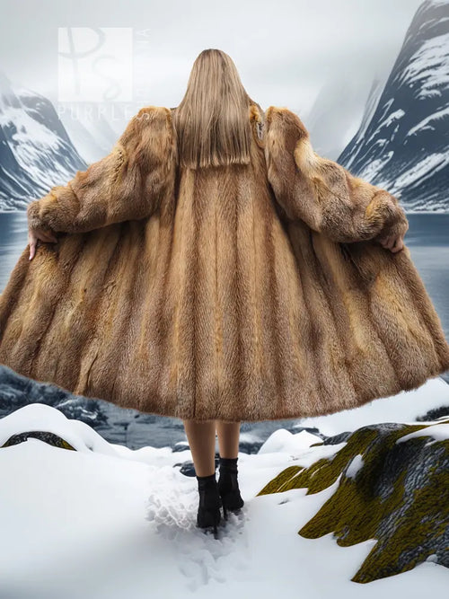 Back view hooded fur coat with large shoulder cape and flared skirt
