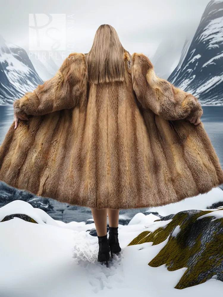 Back view hooded fur coat with large shoulder cape and flared skirt