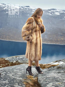 Hooded fur coat, full-length, front button placket, tan and brown