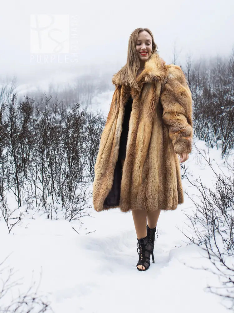 Fox fur coat front view with full skirt and textured fur; golden-brown