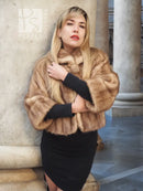 Pastel beige mink fur opera jacket with wide collar and black inner cuffs