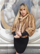 Pastel beige mink fur opera jacket, front view with wide shoulder and collar