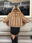 Pastel beige mink fur opera jacket, back view with gathered yoke and short hem