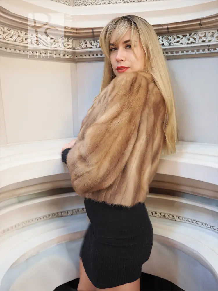 Pastel beige mink fur opera jacket, back and side view with full, fluffy sleeves