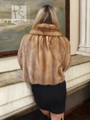 Pastel beige mink fur opera jacket, back view with pleated shoulders and collar