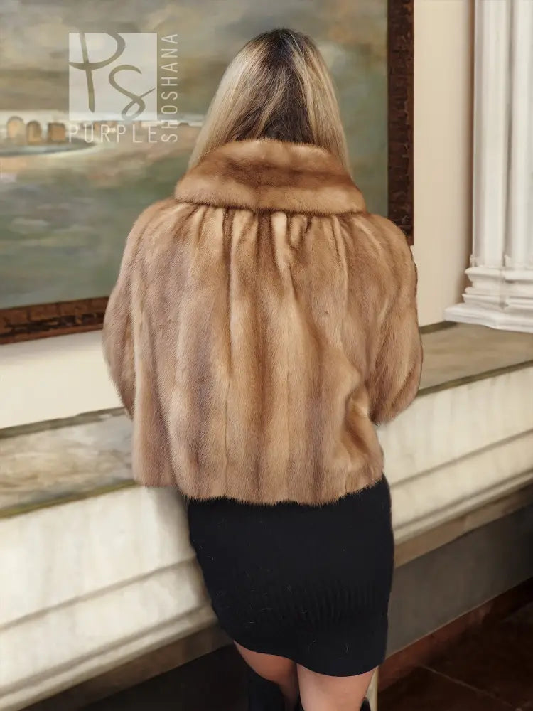 Pastel beige mink fur opera jacket, back view with pleated shoulders and collar