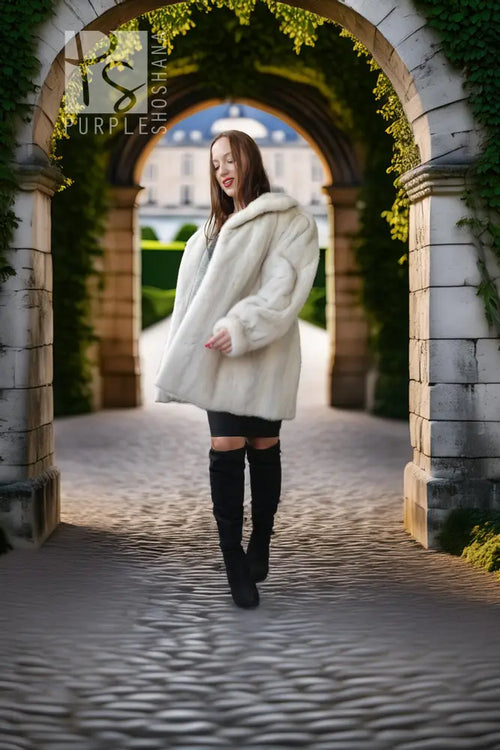 A woman wearing a fluffy cream faux-fur coat, black shorts, and black over-the-knee boots walks through a stone archway covered in green ivy toward a grand building in the background.