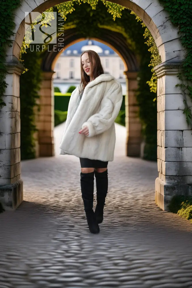 A woman wearing a fluffy cream faux-fur coat, black shorts, and black over-the-knee boots walks through a stone archway covered in green ivy toward a grand building in the background.