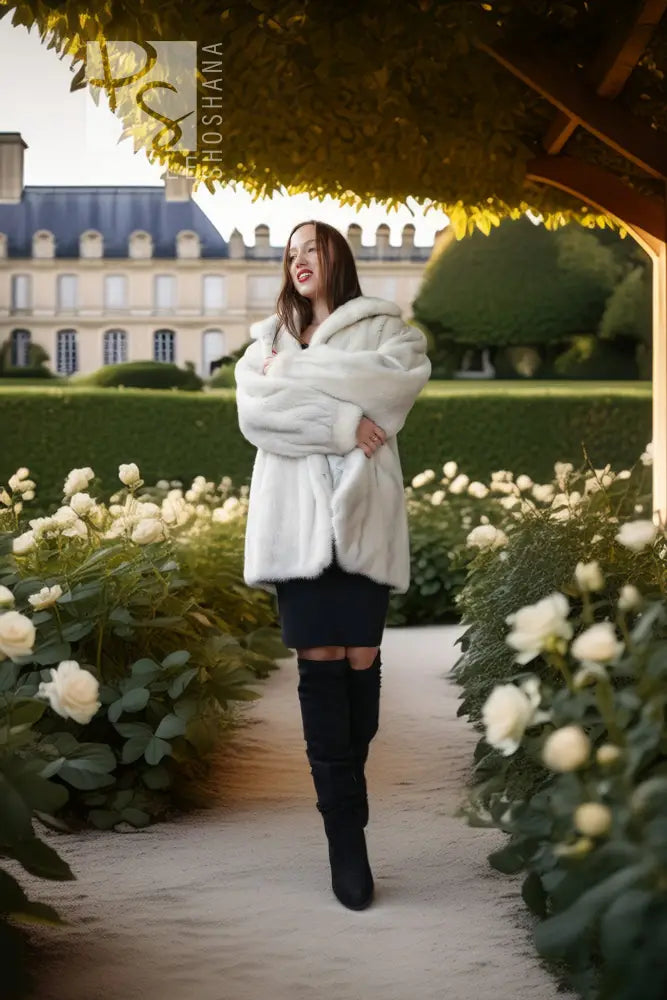 A woman stands on a garden path wearing a voluminous white faux fur coat, a black mini skirt, and black over-the-knee boots. The background features a grand classical building, manicured hedges, and white roses under a leafy canopy.