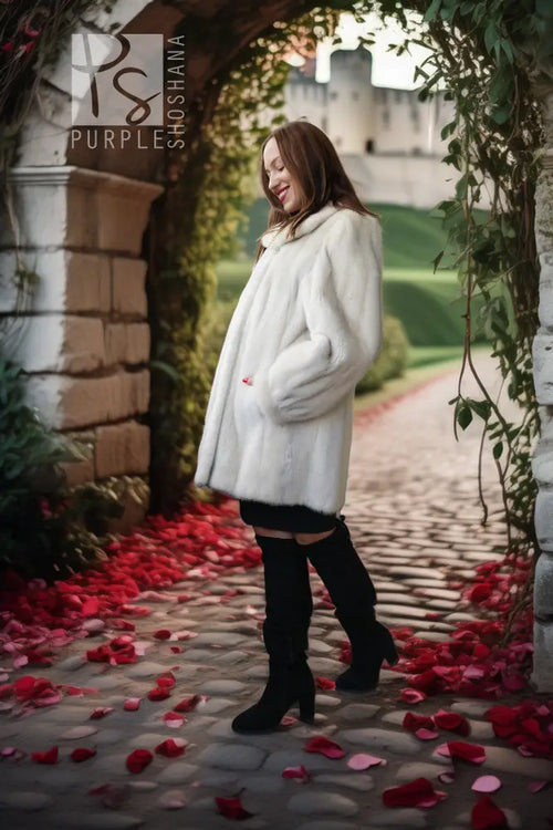 A woman wearing a voluminous white faux fur coat, black mini skirt, and black over-the-knee boots stands in a stone archway with red rose petals on a cobblestone path, with a castle in the background.