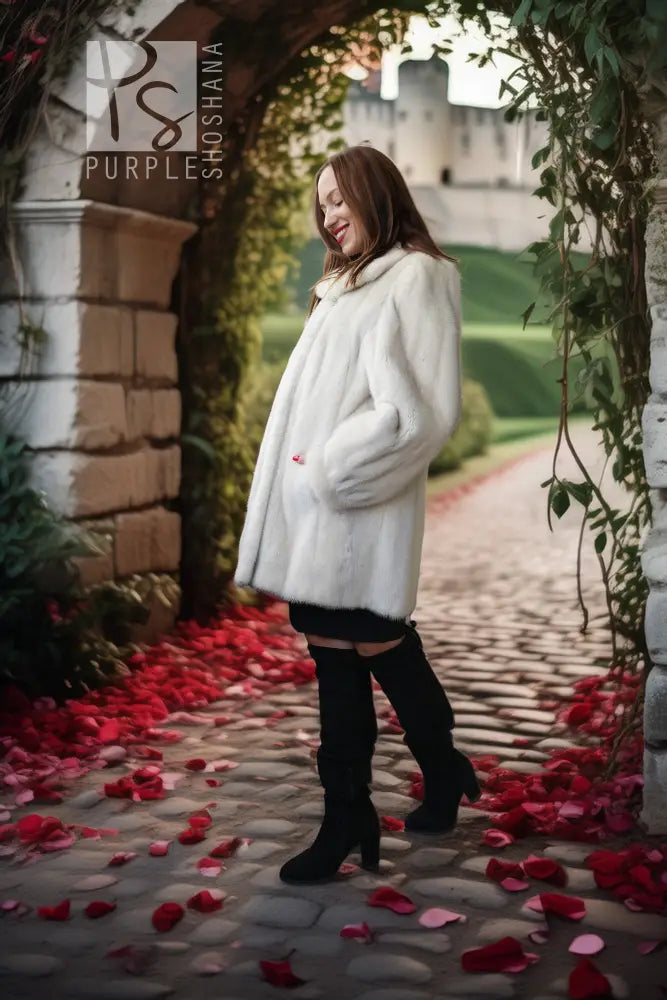 A woman wearing a voluminous white faux fur coat, black mini skirt, and black over-the-knee boots stands in a stone archway with red rose petals on a cobblestone path, with a castle in the background.