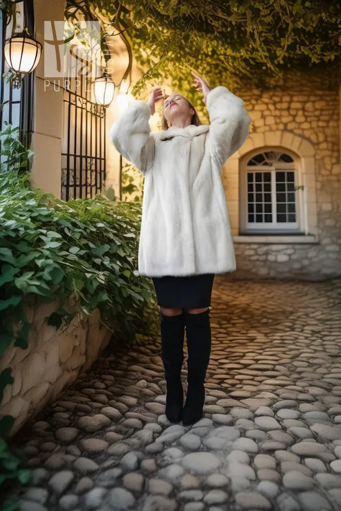 A woman wearing a voluminous white faux fur coat, black skirt, and black over-the-knee boots stands on a cobblestone path in front of a stone building with warm lights and greenery.