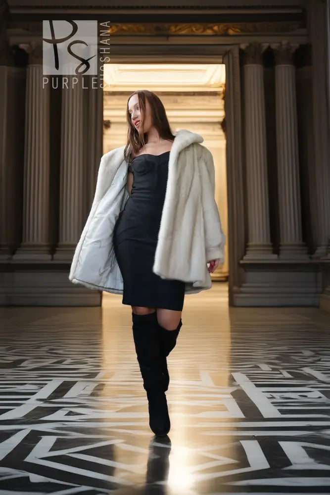 A woman walks through a grand hall with classical columns, wearing a black strapless dress, black thigh-high boots, and an oversized white faux-fur coat.