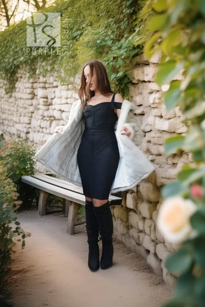 A woman stands outdoors on a stone path beside a stone wall with greenery, wearing a fitted black dress, a light gray coat, and black knee-high boots.