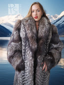 Gray fox-fantasy fur coat with wide shawl collar, front view worn over black dress