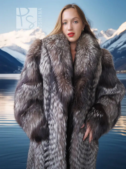 Gray fox-fantasy fur coat with wide shawl collar, front view worn over black dress
