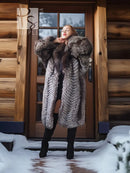 Silver-gray faux fur long coat with oversized collar and long sleeves, standing