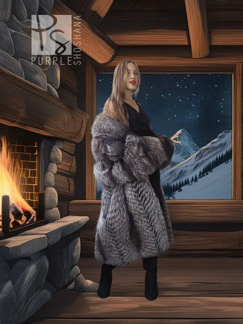 Silver-gray faux fur coat with large collar and long sleeves over black outfit