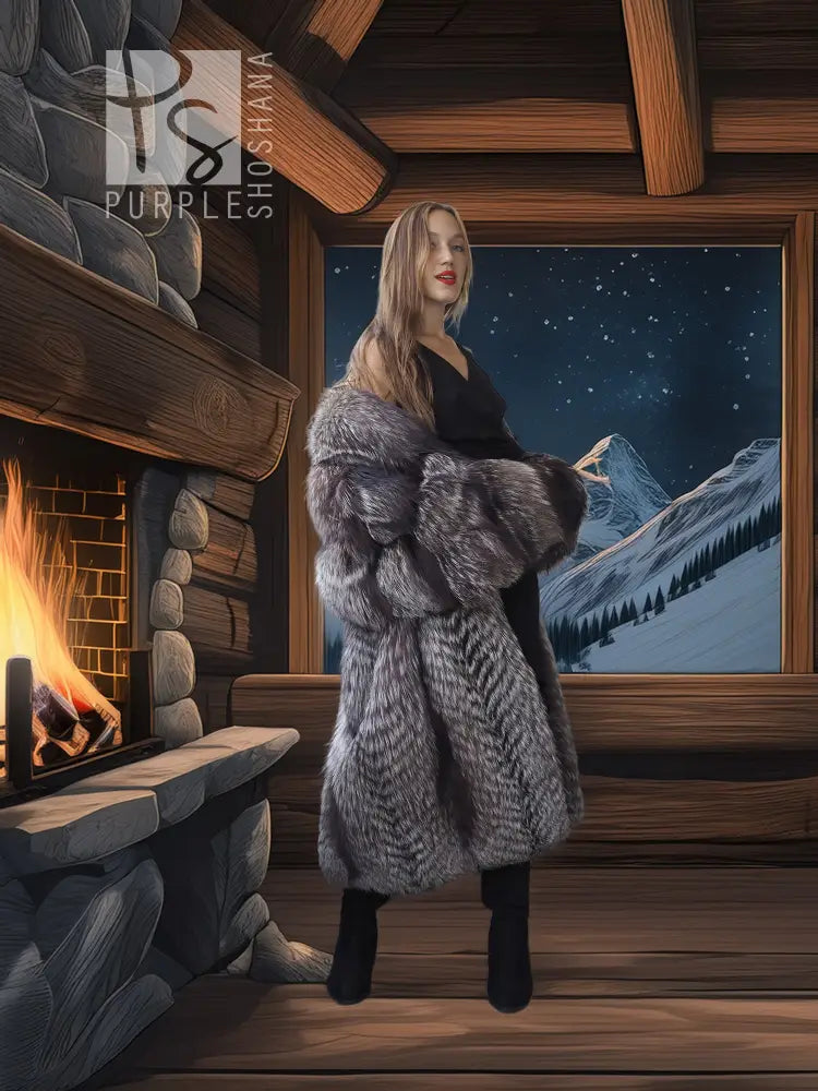 Silver-gray faux fur coat with large collar and long sleeves over black outfit