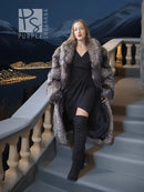 Long gray fox-fantasy fur coat with open front, worn over black dress and boots