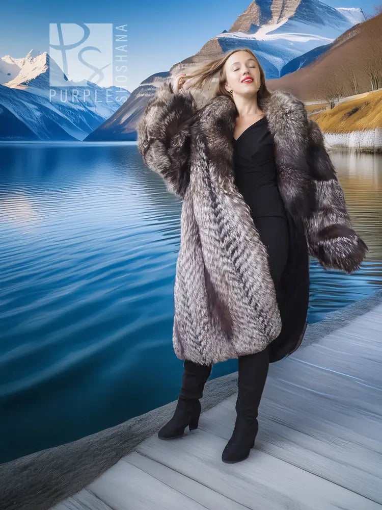 Voyager Dream Fox Fantasy Fur Coat, silver-gray long fur coat with swing hem