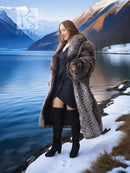 Silver Cross fox fantasy fur coat, long dark fur with draped collar and full sleeves