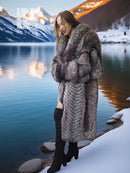 Voyager Dream Fox Fantasy Fur Coat in silver-gray with front wrap and voluminous fur