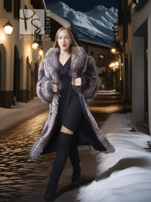 Silver-gray faux fur coat with large collar and textured sleeves over black outfit
