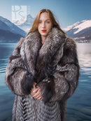Voyager Dream Fox Fantasy Fur Coat, silver-gray with dark lapels and full sleeves