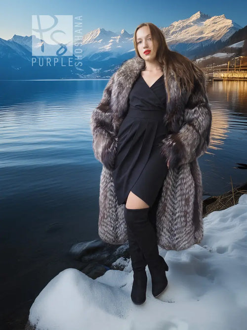 Voyager Dream Fox Fantasy Fur Coat, silver-gray fur with open front and V-neck opening