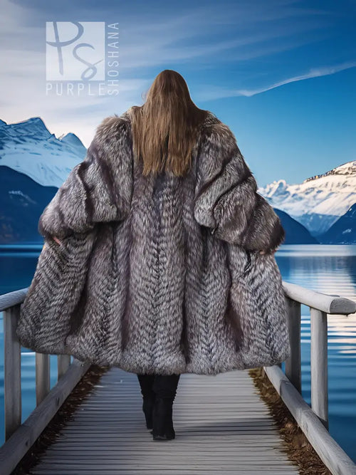Voyager Dream Fox Fantasy Fur Coat, back view silver-gray fur with full sleeves