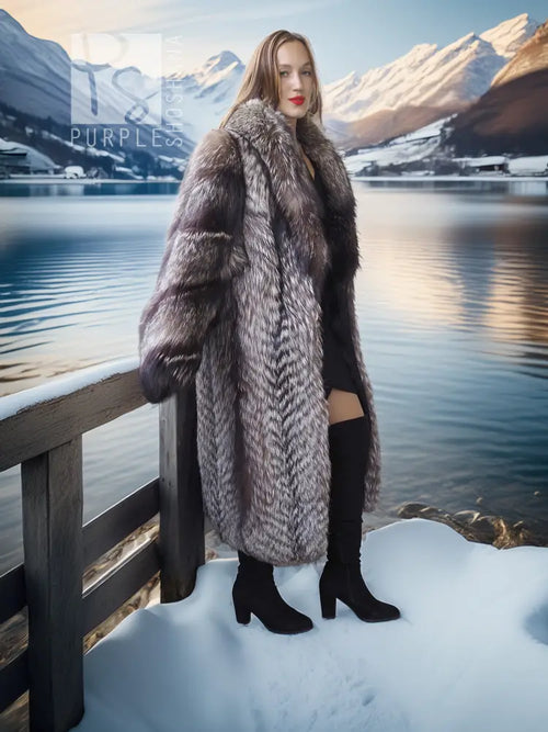 Voyager Dream Fox Fantasy Fur Coat, silver-gray fur with midi length hem and wide lapels