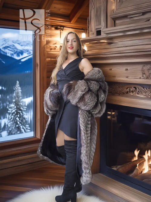 Silver-gray faux fur coat with oversized collar over a black dress and gloves