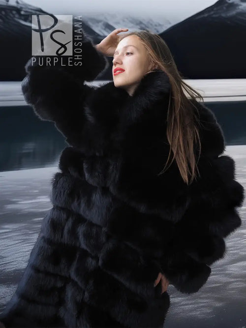 Black fox fur shawl-collar coat detail, plush shoulder collar and stacked bands.