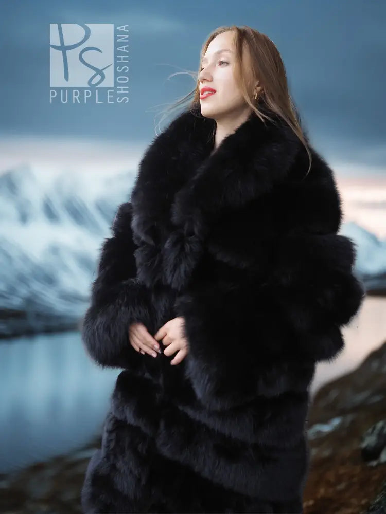 Black fox fur coat with shawl collar, model in side profile view, fur collar visible.