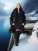 Black fox fur coat with shawl collar, long length front view