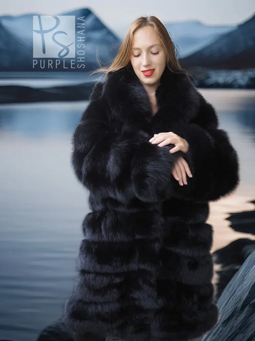 Black fox fur coat with shawl collar and tiered panels, side view
