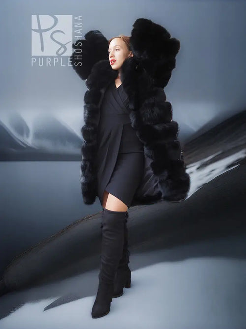 Black fox fur coat with shawl collar, standing three-quarter view