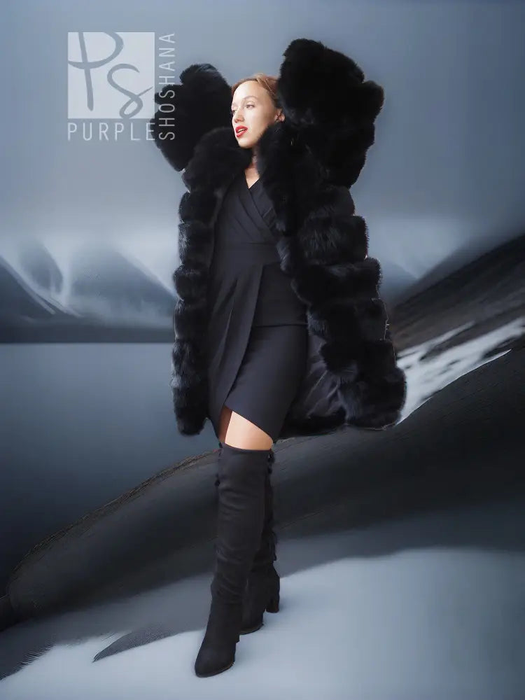 Black fox fur coat with shawl collar, standing three-quarter view