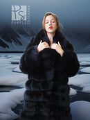 Black fox fur coat with shawl collar, front view with hands near neckline