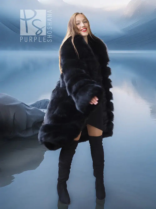 Black fox fur coat with shawl collar, full-length front view